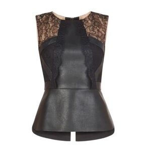BCBG MAXAZARIA Laine Faux-Leather Lace Peplum Top Black S